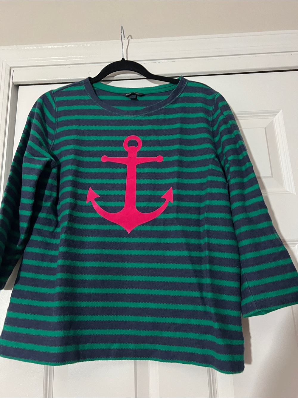 Lands' End Green & Navy Striped  Tee with Pink Anchor